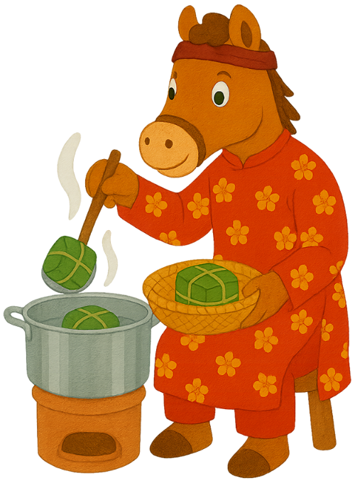 Ngựa, vớt bánh chưng, tết nguyên đán, ẩm thực, áo dài, xửng tre, bếp củi, horse, picking up banh chung, vietnamese lunar new year, cuisine, ao dai, bamboo tray, wood stove