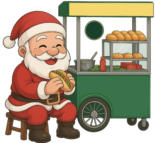 Ông già noel, ăn bánh mì, xe bán bánh mì, trang phục ông già noel, ghế, bánh mì, santa claus, eating bread, bread cart, santa claus outfit, chair, bread