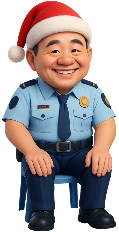 Chú bảo vệ, bảo vệ, đồng phục bảo vệ, ghế, nón giáng sinh, security guard, guard, security uniform, chair, santa hat