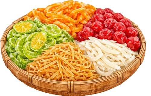 Khay mứt tết, mứt trái cây, hạt dưa, mứt dừa, mứt gừng, tết nguyên đán, đãi khách, ngọt ngào, màu sắc, vietnamese jam box, candied fruit, melon seeds, candied coconut, candied ginger, lunar new year, hospitality, sweet, colorful