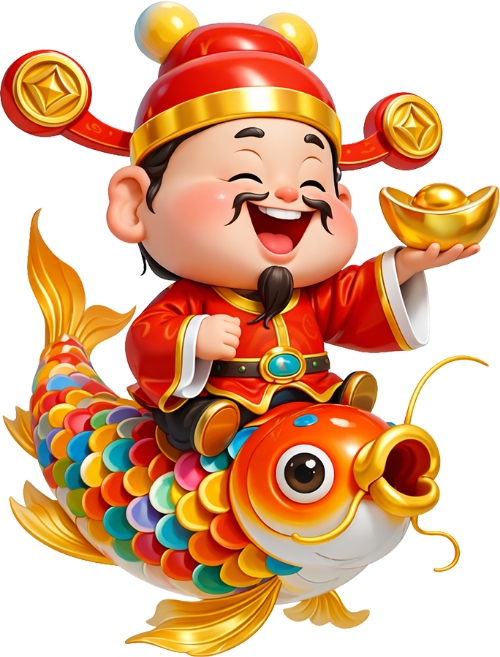 Thần tài, cưỡi cá chép cầm thỏi vàng, đàn ông, cá chép, thỏi vàng, sóng nước, tết, tài lộc, God of wealth, riding a carp holding gold ingots, man, carp, gold ingot, water waves, lunar new year, fortune