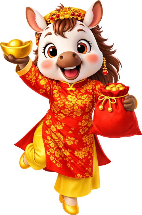 Ngựa, nhảy múa, con vật, túi tiền, đồng tiền, áo dài, đỏ, vàng, lễ hội, may mắn, Horse, dancing, animal, money bag, coins, ao dai, red, yellow, festive, lucky
