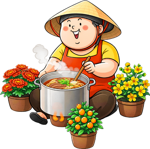 Bà cô, nấu ăn, phụ nữ, nón lá, tạp dề đỏ, nồi súp, bếp lò, chậu hoa cúc, cây quất, Tết Nguyên Đán, trang phục truyền thống, middle-aged woman, cooking, woman, conical hat, red apron, soup pot, stove, chrysanthemum pot, kumquat tree, Lunar New Year, traditional costume