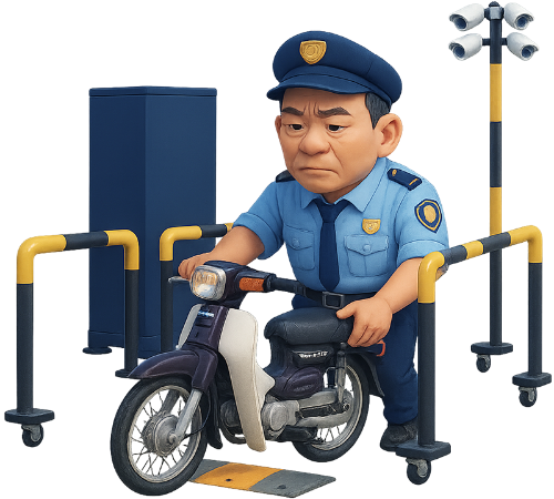 Chú bảo vệ, dắt xe, bảo vệ, đồng phục bảo vệ, xe máy, bãi giữ xe, security guard, pushing a motorbike, guard, security uniform, motorcycle, parking lot