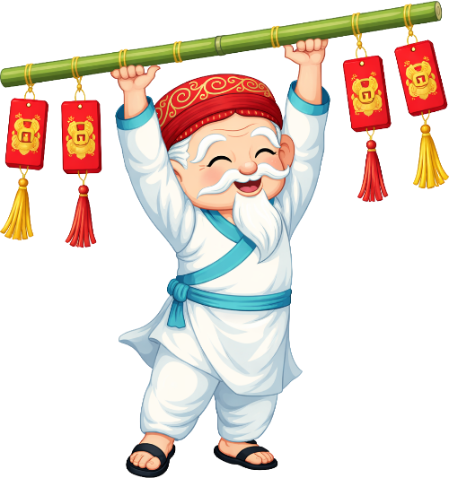 Ông bụt, nâng đòn gánh bùa bình an, cổ tích, thẻ bài đỏ, tre, râu trắng, khỏe mạnh, tết nguyên đán, trang trí, Buddha, lifting pole with amulets, fairy tale, red tags, bamboo, white beard, strong, lunar new year, decoration
