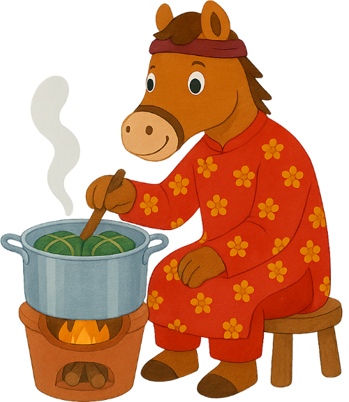 Ngựa, nấu bánh chưng, tết nguyên đán, ẩm thực, áo dài, bếp củi, horse, cooking banh chung, vietnamese lunar new year, cuisine, ao dai, wood stove