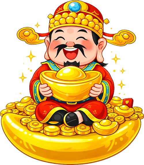 Thần tài, ngồi ôm thỏi vàng, đàn ông, thỏi vàng, tiền vàng, may mắn, tết, tài lộc, mỉm cười, God of wealth, sitting and holding gold ingot, man, gold ingot, gold coins, luck, lunar new year, fortune, smiling 2