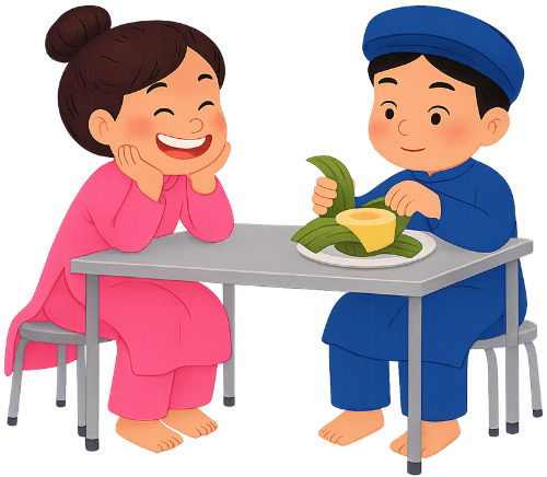 Cô gái và chàng trai, trò chuyện, tết nguyên đán, ẩm thực, ăn bánh, trang phục truyền thống, bàn, ghế, vui vẻ, girl and boy, talking, lunar new year, food, eating cake, traditional costume, table, chair, happy