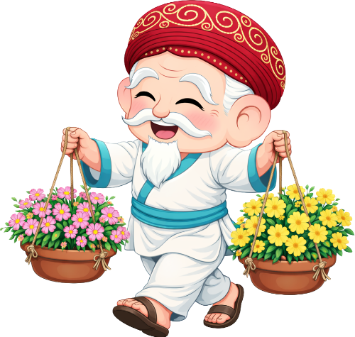 Ông bụt, xách hoa, cổ tích, hoa cúc vàng, hoa đồng tiền hồng, tết nguyên đán, trang phục truyền thống, đi bộ, fairy godfather, carrying flowers, fairy tale, yellow daisies, pink gerberas, lunar new year, traditional costume, walking