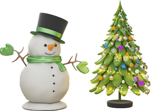 Người tuyết, cây thông noel, khăn quàng xanh lá, mũ chóp đen, trang trí giáng sinh, quả châu, ngôi sao, model 3d, model, snowman, christmas tree, green scarf, black top hat, christmas decoration, baubles, stars, 3d model