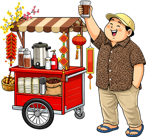 Chàng trai, vui mừng giơ cao ly cà phê, đàn ông, xe cà phê, tết nguyên đán, hoa mai, hoa đào, đèn lồng, bao lì xì, pháo dây, trang trí, nón kết, áo hoa, dép tông, xe đẩy, coffee seller, celebrating with coffee cup, man, coffee cart, lunar new year, apricot blossom, cherry blossom, lantern, lucky money envelope, firecrackers, decoration, baseball cap, floral shirt, flip flops, trolley