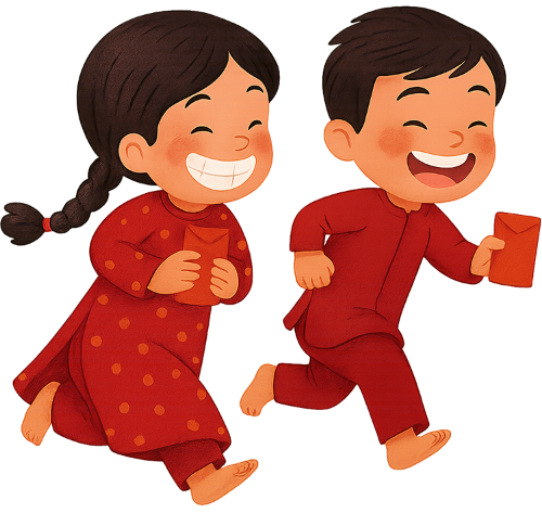 Cô bé và cậu bé, chạy, cầm bao lì xì, áo dài, tết, em bé, bao lì xì, màu đỏ, girl and boy, running, holding red envelopes, ao dai, tet, baby, red envelope, red
