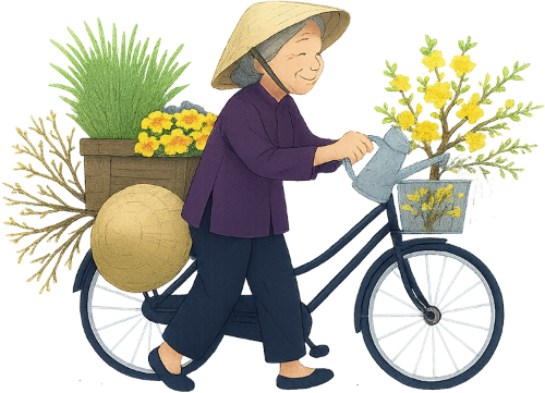 Bà cụ, tưới cây, phụ nữ, nón lá, hoa mai vàng, tết, xe đạp, old woman, watering plants, woman, conical hat, yellow apricot blossom, tet, bicycle