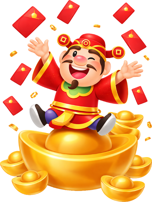 Thần tài, giơ tay chào, đàn ông, ngồi trên thỏi vàng, bao lì xì rơi, tiền xu bay, nụ cười, tết, god of wealth, waving hands, man, sitting on gold ingot, falling red envelopes, flying coins, smiling, tet holiday