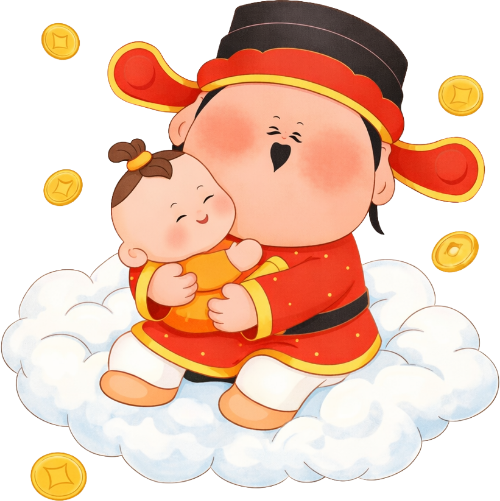 Thần tài, bế em bé, đàn ông, em bé, đám mây, tiền vàng, mũ quan, trang phục đỏ, hạnh phúc, god of wealth, holding baby, man, baby, cloud, gold coins, official hat, red costume, happy