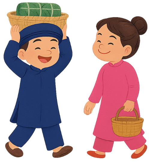 Cô gái và chàng trai, đi bộ, tết nguyên đán, ẩm thực, bánh chưng, bánh tét, áo dài, giỏ mây, vui vẻ, girl and boy, walking, lunar new year, food, banh chung, banh tet, ao dai, wicker basket, happy