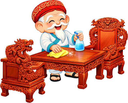 Ông bụt, lau chùi, cổ tích, bàn ghế, gỗ chạm khắc, bình xịt, khăn lau, dọn nhà, tết nguyên đán, râu trắng, old fairy, cleaning, fairy tale, wooden furniture, carved wood, spray bottle, wiping cloth, house cleaning, lunar new year, white beard
