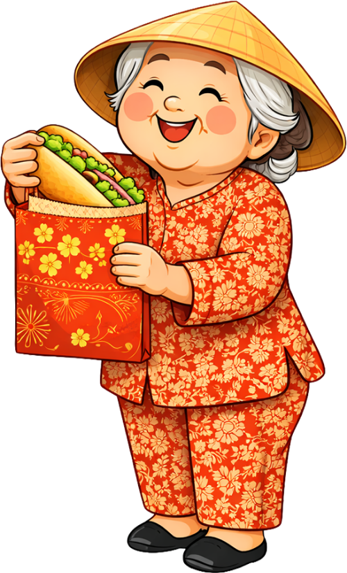Bà cụ, cầm túi quà bánh mì, phụ nữ, nón lá, áo bà ba, cười, bánh mì thịt, túi giấy, quà tặng, nền trắng, old woman, holding banh mi gift bag, woman, conical hat, baba shirt, smiling, vietnamese sandwich, paper bag, gift, white background