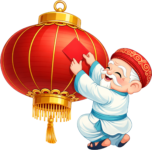 Ông bụt, treo bao lì xì, cổ tích, lồng đèn đỏ, phong bao đỏ, trang trí tết, lễ hội, god of wealth, hanging red envelope, fairy tale, red lantern, lucky money bag, tet decoration, festival
