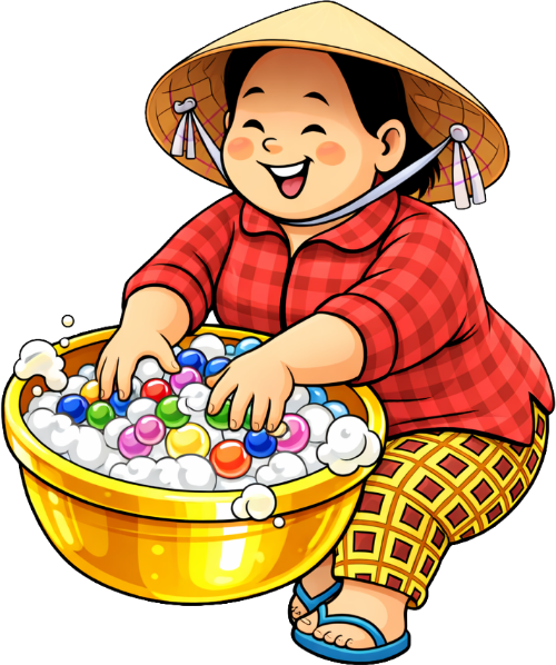 Bà cô, đang nhào trộn trân châu, phụ nữ, nón lá, áo sơ mi kẻ caro đỏ, chậu vàng, hạt trân châu màu sắc, bọt, thủ công, mỉm cười, middle-aged woman, mixing pearls, woman, conical hat, red plaid shirt, golden basin, colorful pearls, foam, handmade, smiling