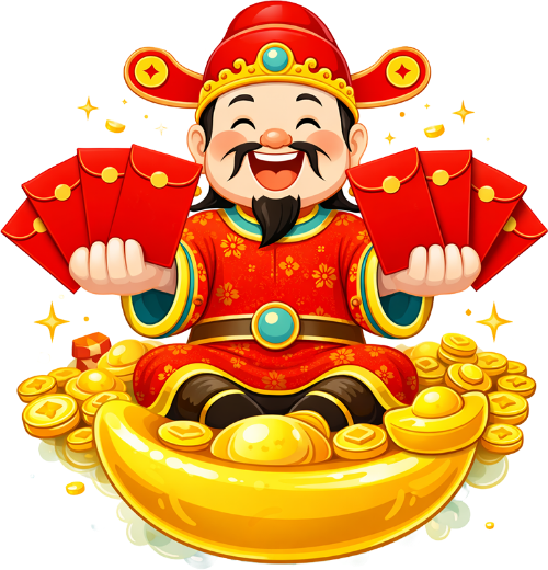 Thần tài, cầm nhiều bao lì xì, đàn ông, thỏi vàng, tiền vàng, tết, tài lộc, mỉm cười, God of wealth, holding many red envelopes, man, gold ingot, gold coins, lunar new year, fortune, smiling