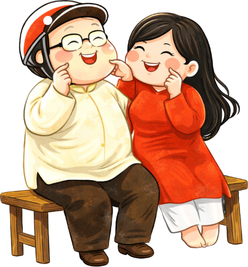 Chàng trai và cô gái, nựng má, đàn ông và phụ nữ, áo dài, tết, nón bảo hiểm, ghế gỗ, tình tứ, cười, dễ thương, couple sitting on bench, pinching cheeks, man and woman, ao dai, lunar new year, helmet, wooden bench, romantic, laughing, cute