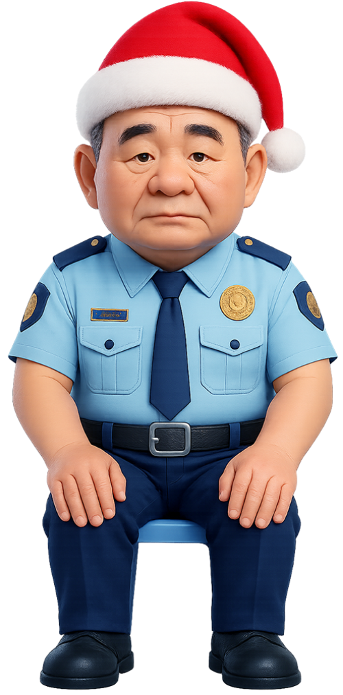 Chú bảo vệ, bảo vệ, đồng phục bảo vệ, ghế, nón giáng sinh, security guard, guard, security uniform, chair, santa hat