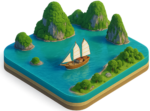 Mô hình, vịnh hạ long, thuyền buồm, núi đá vôi, biển, nước, cây cối, model, ha long bay, sailboat, limestone mountains, sea, water, trees