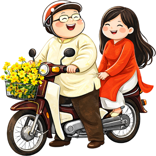 Chàng trai và cô gái, dừng xe máy, đàn ông và phụ nữ, áo dài, tết, hoa mai, nón bảo hiểm, nắm áo, xe cub, dễ thương, couple with motorbike, stopping, man and woman, ao dai, lunar new year, apricot blossom, helmet, holding shirt, motorbike, cute