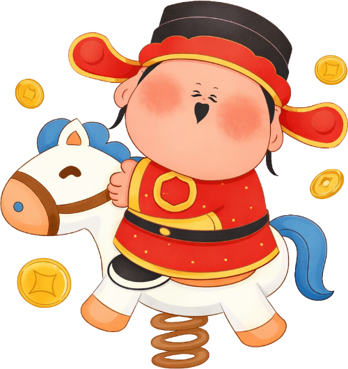 Thần tài, cưỡi ngựa lò xo, đàn ông, ngựa trắng, tiền vàng, mũ quan, trang phục đỏ, vui vẻ, god of wealth, riding spring horse, man, white horse, gold coins, official hat, red costume, happy 6