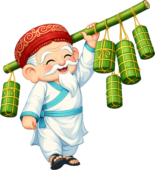 Ông bụt, gánh bánh tét, cổ tích, đòn gánh, tre, bánh chưng, tết nguyên đán, ẩm thực truyền thống, vui vẻ, đi bộ, Buddha, carrying sticky rice cakes, fairy tale, carrying pole, bamboo, chung cake, lunar new year, traditional food, happy, walking