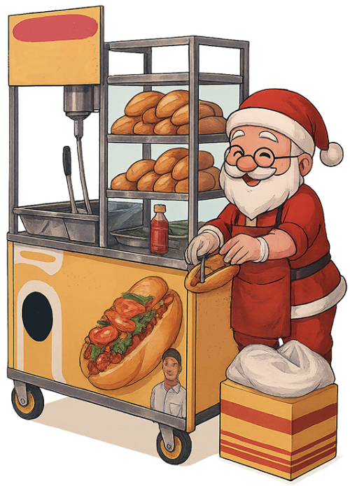 Ông già noel, bán bánh mì, xe bán bánh mì, trang phục ông già noel, bánh mì, thùng xốp, santa claus, selling bread, bread cart, santa claus outfit, bread, styrofoam box