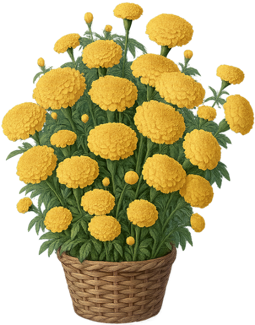 Hoa cúc vạn thọ, hoa cúc, hoa vàng, cây cảnh, tết, mùa xuân, trang trí, may mắn, giỏ mây, marigold, chrysanthemum, yellow flower, potted plant, tet, spring, decoration, luck, rattan basket