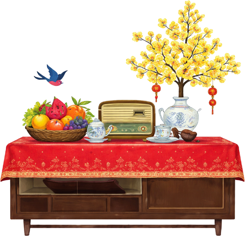 Mâm ngũ quả, đài radio cổ, bình hoa mai, ấm trà, khăn trải bàn đỏ, chim én, tết cổ điển, tet decoration table, fruit tray, vintage radio, apricot blossom, teapot, red tablecloth, swallow bird, classic tet