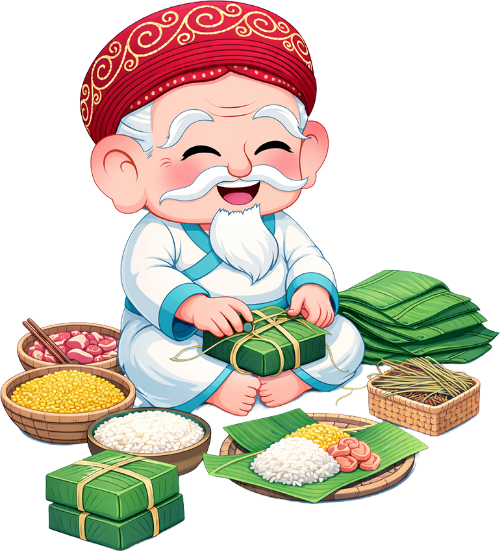 Ông bụt, gói bánh chưng, cổ tích, bánh chưng xanh, gạo nếp, đỗ xanh, thịt lợn, lá dong, ngồi gói bánh, tết cổ truyền, fairy godfather, wrapping banh chung, fairy tale, green sticky rice cake, sticky rice, mung beans, pork, dong leaves, sitting, traditional tet