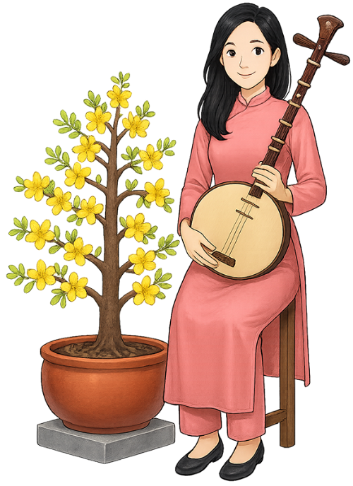 Cô gái, chơi đàn, phụ nữ, áo dài, đàn nguyệt, ngồi, chậu mai, cây mai, hoa mai, ghế, girl, playing musical instrument, woman, ao dai, dan nguyet, sitting, apricot pot, apricot tree, apricot blossom, chair
