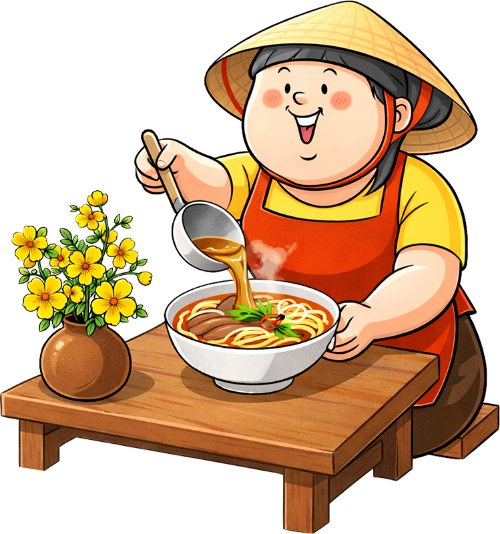 Bà cô, múc canh, phụ nữ, nón lá, tạp dề đỏ, bát phở, bàn gỗ, bình hoa mai, phục vụ, ẩm thực Việt Nam, middle-aged woman, ladling soup, woman, conical hat, red apron, bowl of pho, wooden table, apricot blossom vase, serving, Vietnamese cuisine