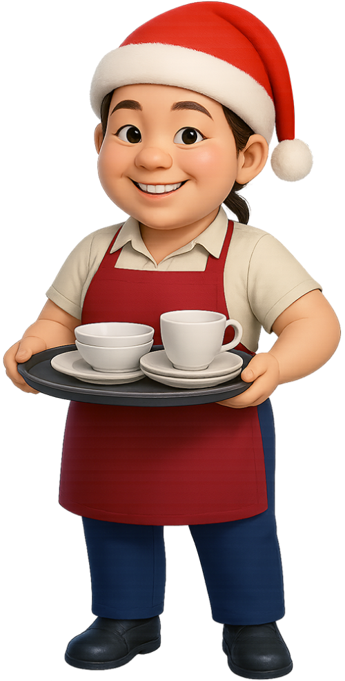 Cô gái, bê khay, phục vụ, tạp dề, khay, nón giáng sinh, đĩa, ly, girl, carrying tray, serving, apron, tray, santa hat, plate, cup