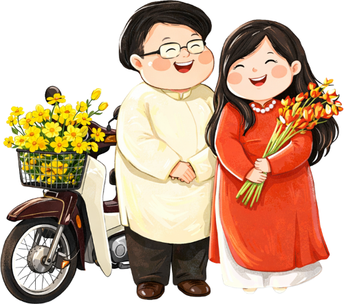 Chàng trai và cô gái, đứng cạnh xe máy, đàn ông và phụ nữ, áo dài, tết, hoa mai, hoa dơn, xe cub, mỉm cười, lễ hội, couple standing with motorbike, man and woman, ao dai, lunar new year, apricot blossom, gladiolus, motorbike, smiling, festival