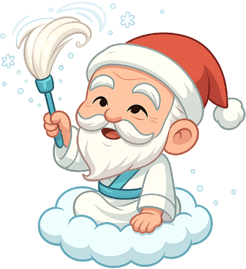 Ông bụt, vui vẻ, cổ tích, giáng sinh, mũ giáng sinh, đám mây, phất trần, tuyết rơi, the good spirit, happy, fairy tale, christmas, santa hat, cloud, fly-whisk, snowfall
