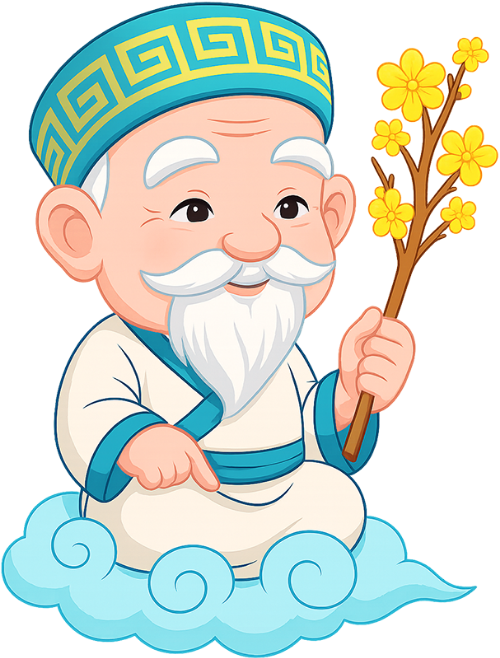 Ông bụt, cầm hoa mai, ông cụ, thần may mắn, hoa, tết, năm mới, truyền thống, mây, old wise man, holding apricot blossom, old man, god of fortune, flower, tet, new year, traditional, cloud 4