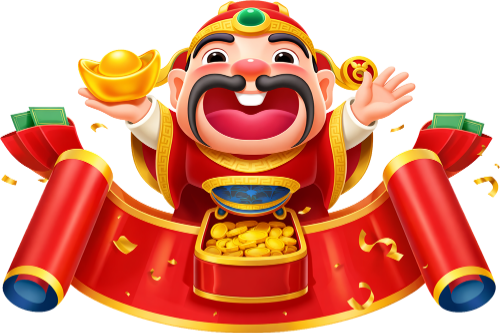 Thần tài, giơ tay chúc mừng, đàn ông, thỏi vàng, hũ đầy tiền xu, cuộn sớ đỏ, bao lì xì, tiền giấy, nụ cười há miệng, god of wealth, cheering, man, gold ingot, pot full of coins, red scrolls, red envelopes, paper money, open mouth smile
