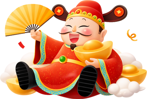 Thần tài, cầm quạt giấy và thỏi vàng, đàn ông, ngồi trên mây, trang phục đỏ, nụ cười, râu đen, thanh thản, god of wealth, holding a paper fan and gold ingot, man, sitting on clouds, red costume, smiling, black beard, serene