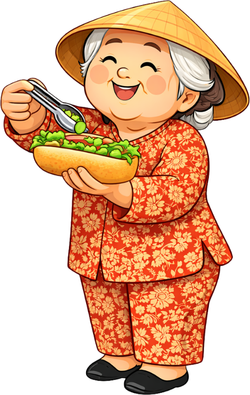 Bà cụ, kẹp rau vào bánh mì, phụ nữ, nón lá, áo bà ba, cười, bánh mì thịt, ẩm thực việt nam, nấu ăn, nền trắng, old woman, putting vegetables in banh mi, woman, conical hat, baba shirt, smiling, vietnamese sandwich, vietnamese cuisine, cooking, white background