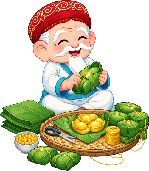 Ông bụt, gói bánh chưng, cổ tích, lá dong, thỏi vàng, tết nguyên đán, chuẩn bị tết, truyền thống, god of wealth, wrapping sticky rice cake, fairy tale, dong leaves, gold ingots, lunar new year, tet preparation, tradition