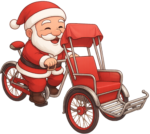 Ông già noel, đạp xích lô, xe bán bánh mì, trang phục ông già noel, xích lô, santa claus, riding cyclo, bread cart, santa claus outfit, cyclo
