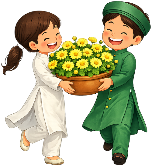 Cô gái và chàng trai, bưng chậu hoa cúc, áo dài, tết, em bé, hoa cúc, áo dài, màu xanh lá, màu trắng, girl and boy, carrying chrysanthemum pot, ao dai, tet, baby, chrysanthemum, ao dai, green, white