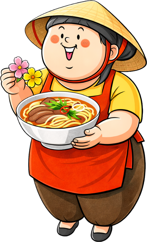Bà cô, mỉm cười, phụ nữ, nón lá, tạp dề đỏ, bát phở, thịt bò, hoa sứ, trang phục truyền thống, ẩm thực Việt Nam, middle-aged woman, smiling, woman, conical hat, red apron, bowl of pho, beef, plumeria, traditional costume, Vietnamese cuisine 1