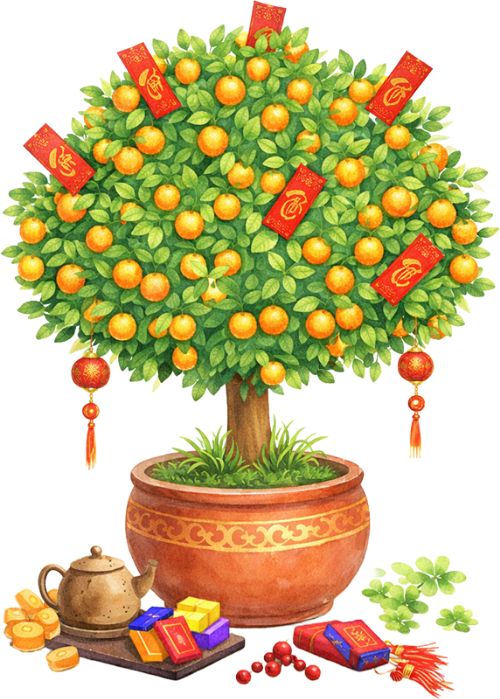 Cây quất, trang trí, tết, quả chín, bao lì xì, lồng đèn, bánh chưng, dưa hấu, bình trà, kumquat tree, decoration, tet holiday, ripe fruit, red envelope, lantern, chung cake, watermelon, teapot