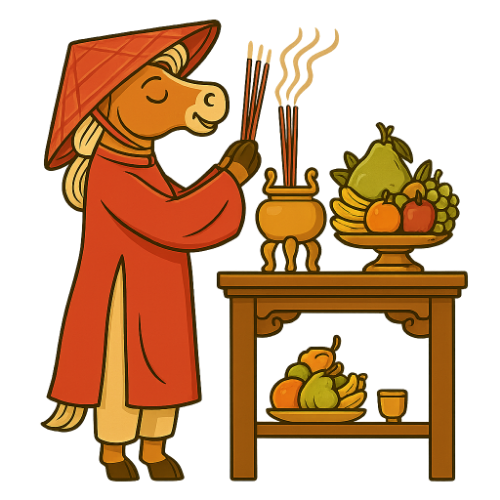 Ngựa, thắp hương, cúng tổ tiên, tết nguyên đán, áo dài, nón lá, mâm ngũ quả, horse, burning incense, ancestor worship, vietnamese lunar new year, ao dai, conical hat, five fruit tray